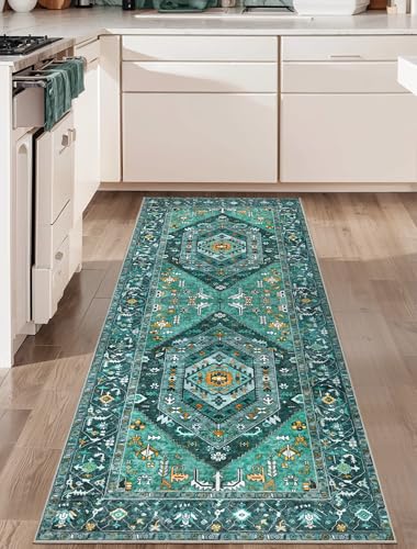 SERISSA Boho Washable Runner Rug, 2x6 Rug Runner Non-Slip Vintage Teal Hallway Kitchen Runner Rug Ultra Soft Print Distressed Tribal Floor Carpet Runner for Bedroom Bathroom Laundry Living Room