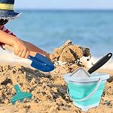 Dhqkqg 5 sztuk łopatek plażowych z siatkową torbą plażową do kolekcjonowania, składane wiadro, metalowa szufla, metalowe grabie, zestaw zabawek do piasku, dla dziewcząt, chłopców