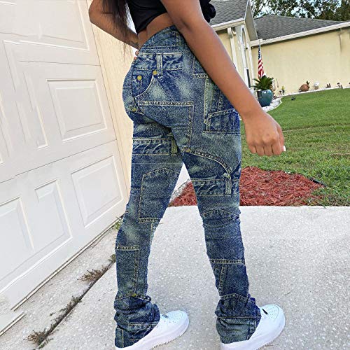 Women Casual Jeans Print Trousers High Waist Drawstring Stacked Pants Vintage Stretch Palazzo Trousers3