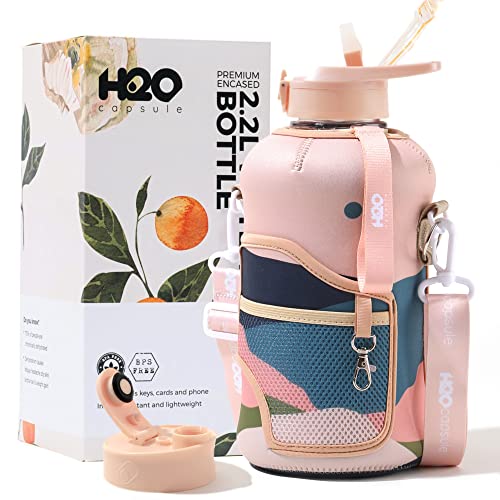 H2O Capsule 2.2L Half Gallon Water Bottle with Storage Sleeve and Removable Straw – BPA Free Large Reusable Drink Container with Handle - Big Sports Jug, 2.2 Liter (74 Ounce), Mountain Night