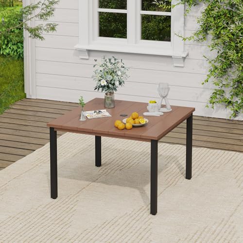 Image of VICLLAX Square Patio Dining Table for 4, Outdoor Patio Table with Umbrella Hole for Garden Lawn Deck Backyard, Walnut Tabletop