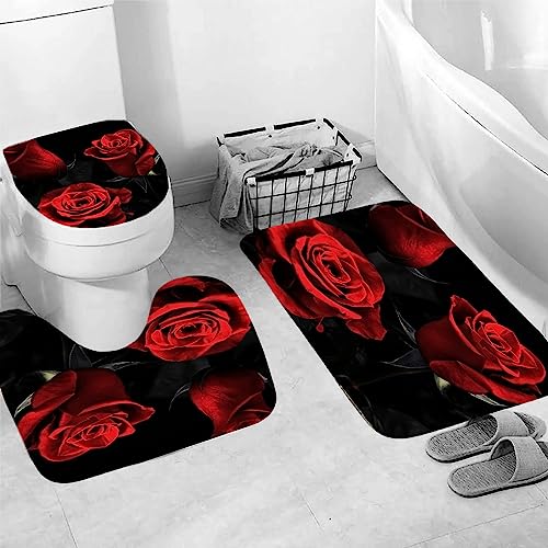4PCS Red Rose Shower Curtain Sets with Non-Slip Rugs,Toilet Lid Cover and Bath Mat Waterproof Polyester Fabric Shower Curtains for Bathroom with 12 Hooks Three Red Rose Bathroom Decor Sets 71"x71"