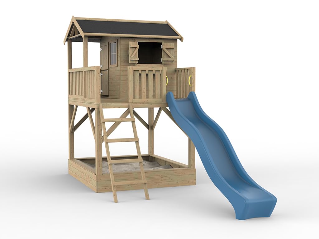 Stelzenhaus Funny XXL | 201x188x303 cm | KDI Kiefernholz | Mit Sandkasten & Blauer Rutsche | Veranda, Balkon & 150 cm Podest | Kinder Outdoor Spielhaus