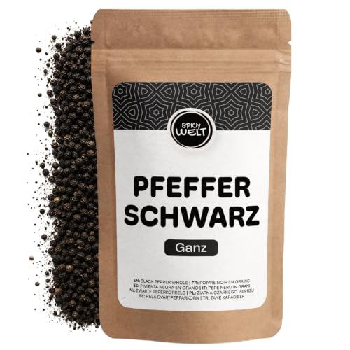 Spicy Welt Schwarzer Pfeffer Ganz (1kg) Pfefferkörner | Ungemahlener Schwarzer Pfeffer | für Pfeffermühlen Suppen Saucen & Steak Mörser & Marinaden | 100% Naturrein Ohne Zusätze