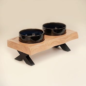 CHEERHOME PETS Raised Cat Ceramic Bowls for Small and Medium Dog, Solid Wooden Dog Food Bowl with Stand, Food Feeding Dishes Water Bowl for Cats and PuppyCherry Wood