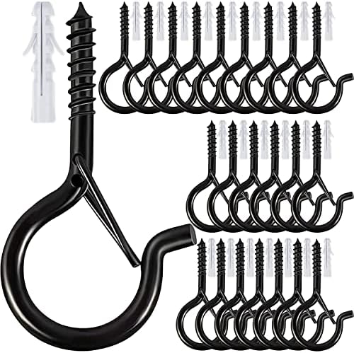 Etoolia 24 Pcs Q Hanger Hooks with Safety Buckle, Ceiling Hooks for Hanging Plants, Screw Hooks for Hanging Outdoor String Lights, Wind Chimes, Patio Lights & Party Decors, 2.2 Inches, Black