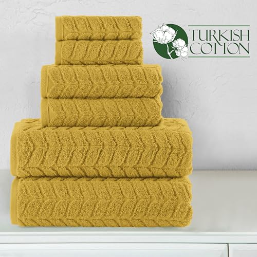 Image of Elegant Comfort Luxury 6-Piece 100% Turkish Cotton Jacquard Braided Textured Premium Hotel Quality Towel Set- Soft and Absorbent, Includes 2 Bath Towels, 2 Hand Towels and 2 Washcloths, Amber Gold