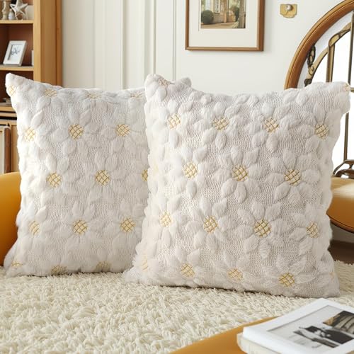 NIDITW Sunflower Floral Throw Pillow Cover 18x18 Inches Set of 2 Soft Faux Fur Jacquard Cushion Case for Couch Sofa Bed Farmhouse Home Decor Washable Pillow Cover (Sunflower)