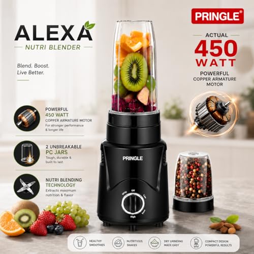 Image of Pringle AlexaPro Nutri Blender 450W | Smoothie Maker & Mixer Grinder | 2 Food Grade Jars | Dual Blade System | Compact Kitchen Blender | 1 Year Warranty | Black