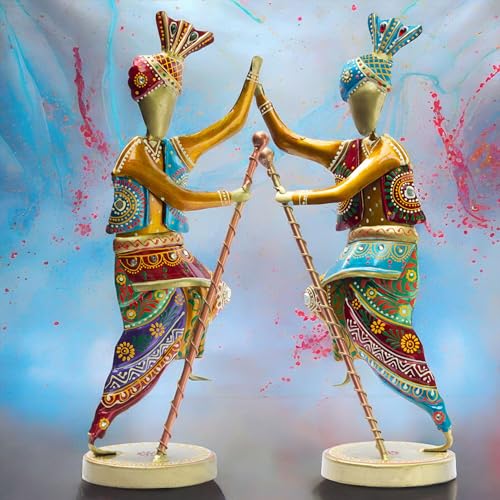 Image of KRAFTSKALA Handcrafted 14-Inch Bhangra Dancer Statues - Vibrant Punjabi Folk Dance Metal Showpiece Set for Traditional Indian Home Decor - Ethnic Festival Gift