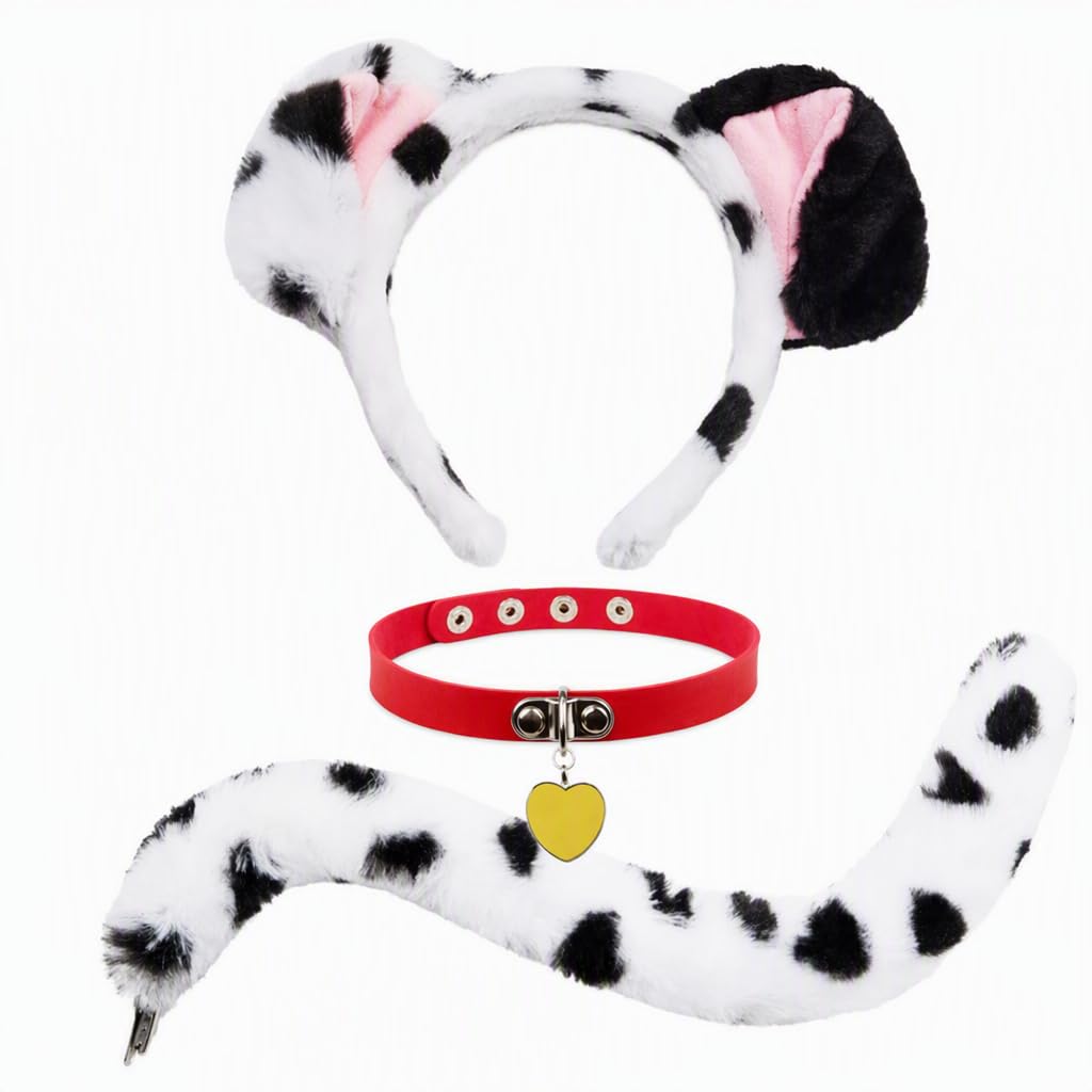 3Pcs Dalmatian Costume Set, Spotted Dog Costume with Ears and Tail for Adults, Dalmatian Ears Headband, Adjustable Collar, Themed Party Wear, Group Performance Costume, Animal Cosplay Accessories