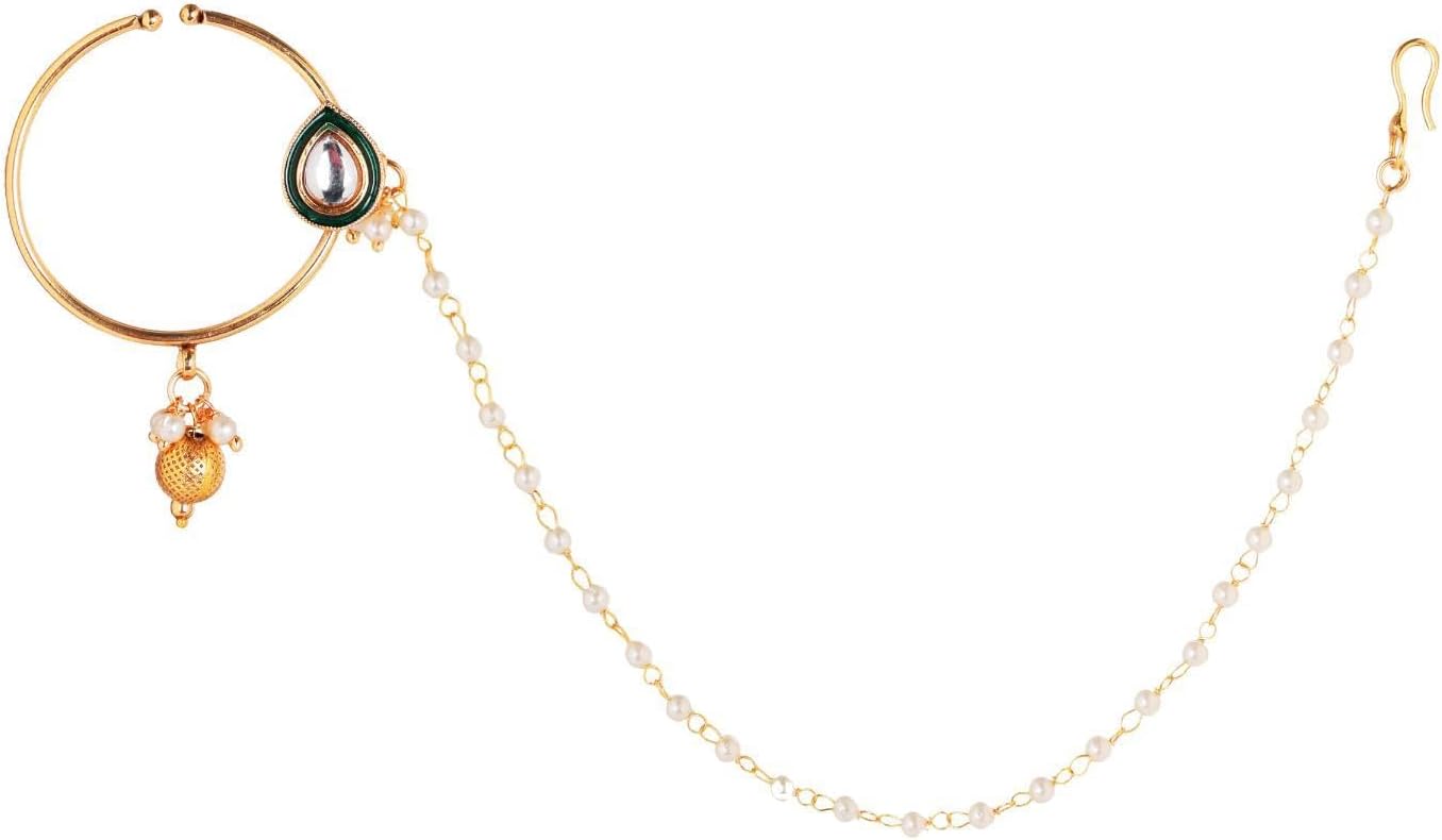 Efulgenz Indian Nose Rings Hoop with Chain Faux Pearl Nose Ring Nath Nathni Nose Pin Stud Fake Septum Ring Indian Bridal Jewelry for Wedding Non Piercing Body Jewelry for Women