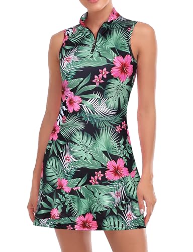 Viracy Tennis Dress For Women Golf Dresses With Built In Shorts, Pockets Sleeveless Athletic Dress Zip Up Stand Collar Lightweight For Hiking Running, Jungle Flowers, Medium