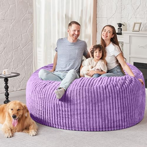 Image of HABUTWAY 5FT Bean Bag Chair, 5' Large Bean Bag Chairs for Adults with Removable Stripe Plush Cover, Memory Foam Beanbag Chair for Living Room Bedroom Dorm (Purple)