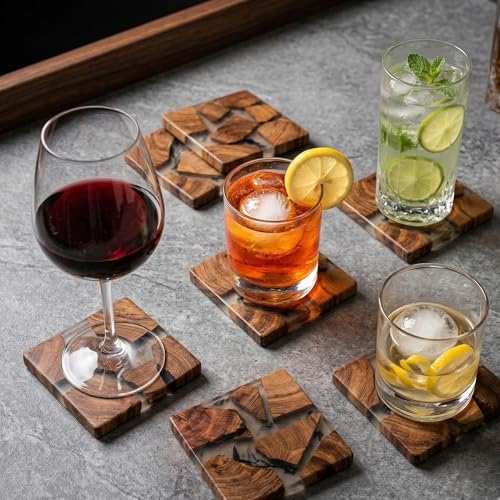 Image of Coaster Set of 4 for Dining Table - Premium Wooden Coasters with Resin Design - Tea, Coffee & Glass Drink Coasters - Luxury Table Coasters for Office Desk, Kitchen & Home Decor