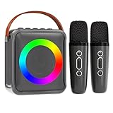 VERKB Mini Karaoke Machine for Kids Adults, Portable Bluetooth Speaker with 2 Wireless Microphones, Microphone Speaker Set with LED Lights for Home Party, Birthday Gifts for Girls Boys Kid(Space Gray)