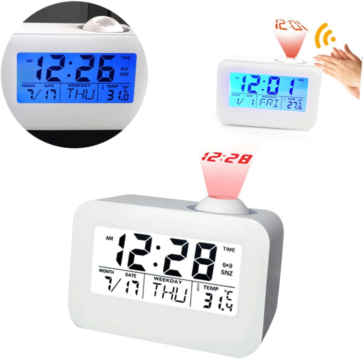 3pcs Digital Clock Desktop Clock Voice Report Clock Wall Hanging Clock Led Clock Night Light Clock Digital Alarm Clock White Perpetual Calendar Projection Clock, Whitex3pcs