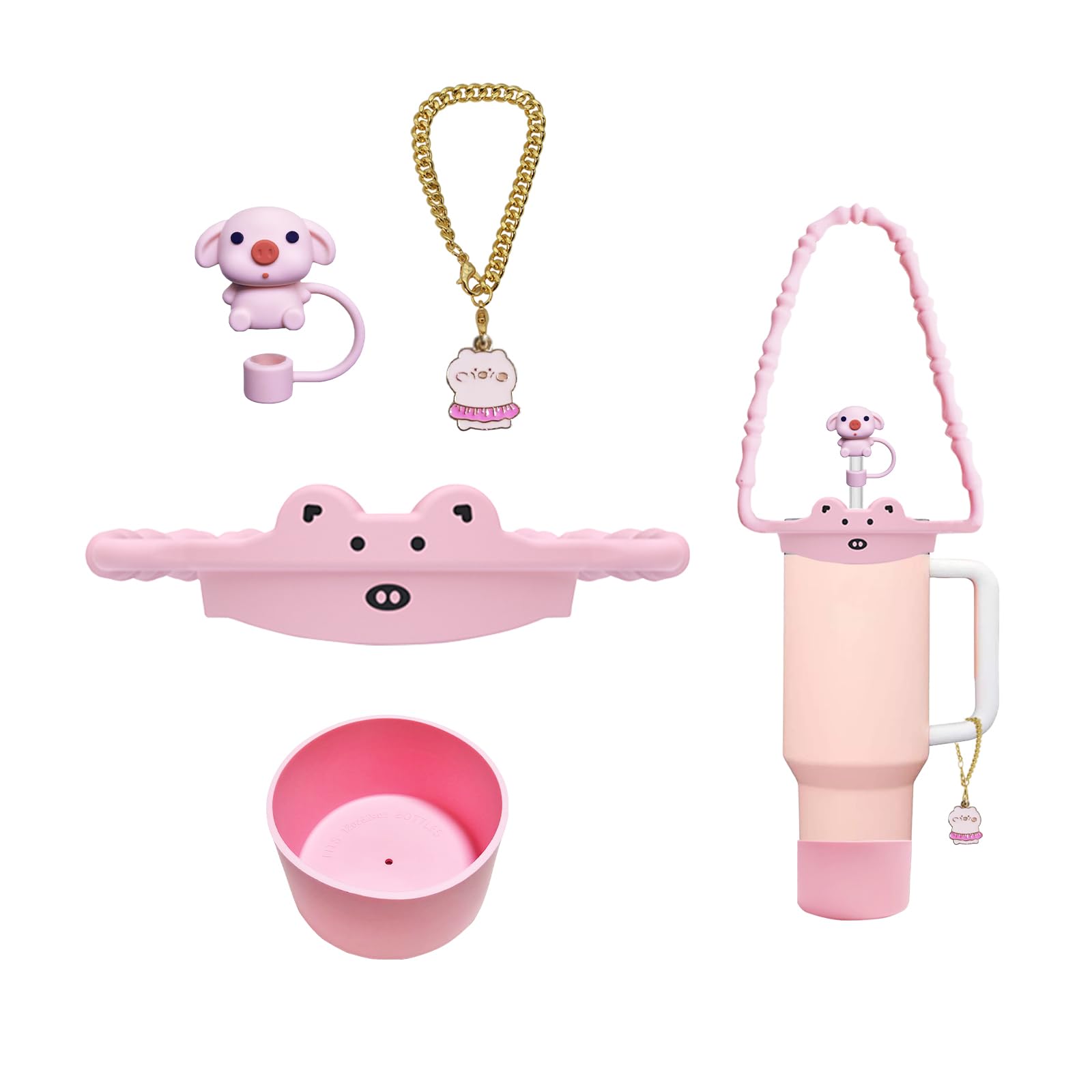 RENUIS 5Pcs Cup Accessories Set for Stanley Cup 30oz & 40oz Tumbler with Handle, Including Silicone Water Bottle Handle Strap, Cute Animal Straw