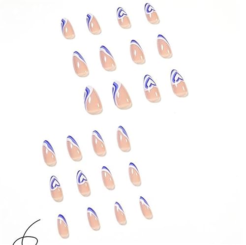 Miniatura 3 de CRRLtry Uñas postizas a presión con forma de corazón azul almendra, uñas postizas para pegar, uñas acrílicas medianas para mujeres, 24 unidades
