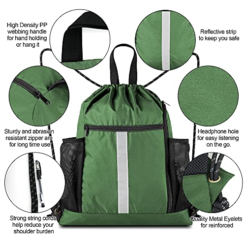 Image of BeeGreen Green Drawstring Bag Gym Cinch Backpack w Shoe Compartment and Two Side Pockets Machine Washable Sports Sinch Sack String Sackpack for Swim Equipment Beach Travel