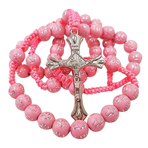 Treasure4U-Store Pink Beads Rosary Catholic for Women Or Girls with Cross Crucifix Religious Gift3