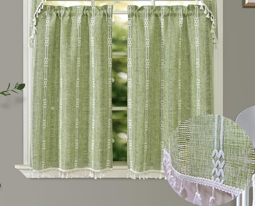 GOHD Country Road Tiers Kitchen Curtains Boho Jacquard Stripe Tassel Bathroom Window Curtain 3 Size 100 Polyester36inGreen