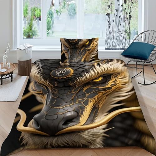Housse de couette single dragon d'or microfibre animaux 3d 135x200cm