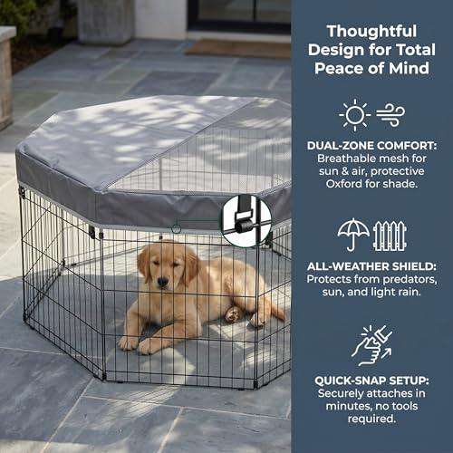 Image of PJYuCien Octagonal Playpen Top Cover for 24 inch Side Metal Pet Pen, Gray | Cozy Den for Puppy Small Animals, Half Mesh Half Oxford with Silver Coating, Predator & Weather Protection, Snap Hooks