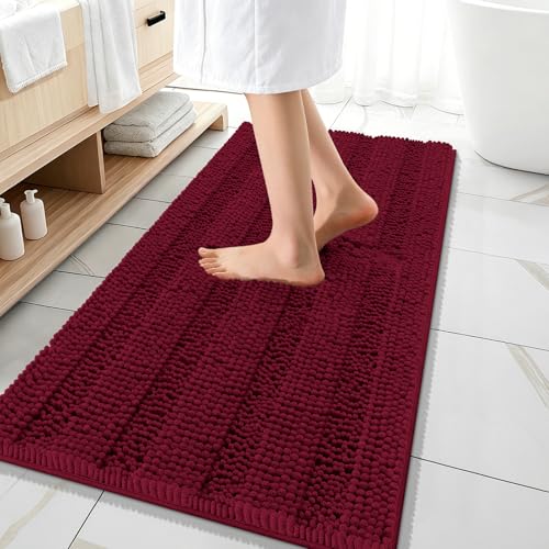Image of OLANLY Thick Bathroom Runner Rugs 47x20, Extra Absorbent Chenille Striped Bath Rugs, Rubber Backing, Machine Wash Dry, Long Bath Mats for Bathroom, Tub and Shower, Home Decor Accessories, Burgundy