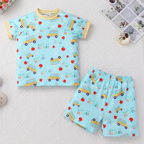 Image of IMEKIS Toddler Kids Back to School Outfit for Boys Girls Apple Pencils Print Dresses Shirt with Shorts Sets 3-8T