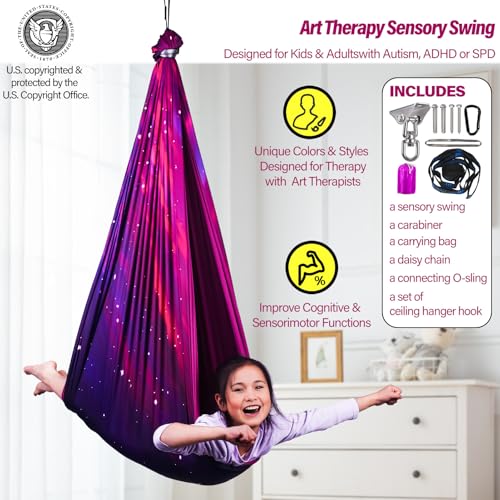 Sensory Swing for Kids & Adults Holds up to 300lbs Indoor & Outdoor Double Layer Therapy Cuddle Swing with 360° Swivel Hanger Kit for Calming, Effect for Autism, ADHD or SPD. (Galaxy Purple) - Image 3