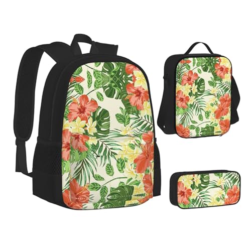 Hojas Tropicales Y Flores 3-Piece Set Backpack, Lunch Bag, And Pencil Case, Casual Cute Sets For Travel And College2