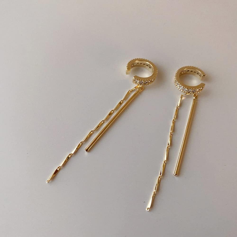 Bar Threader Tassel Cartilage CZ Clip On Cuff Wrap Small Hoop Earrings for Women Teenage Girls Sterling Silver Plated Non Pierced Minimalist Dainty Fashion Fake Crystal Chain Drop Dangle Hanging Tassel Chain Cuffs Jewelry Gifts Bff Birthday
