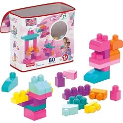 1 of MEGA BLOKS First Builders Toddler Blocks Toys Set, Big Building Bag Collection with 80 Pieces and Storage, Pink, Ages 1+ Years