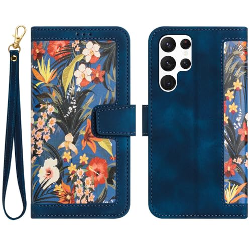 Étui portefeuille Samsung S25 fleur bleu protection clapet aimanté