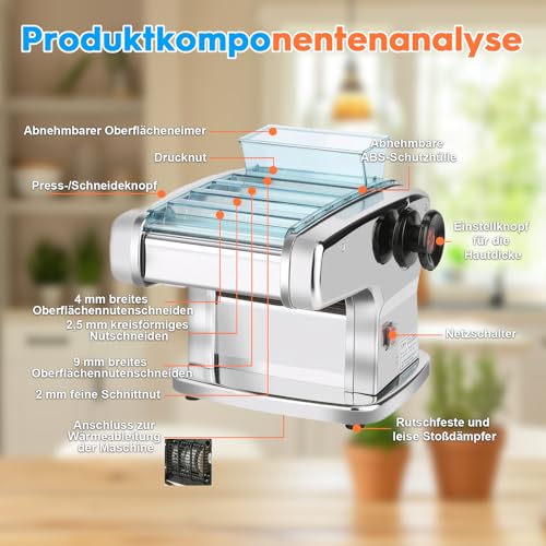 Zertylre Elektrische Nudelmaschine, 135W pastamaker aus Edelstahl, geeignet für die Herstellung von Spaghetti und Lasagne,mit 4 Klingenbreiten（2mm,2.5mm,4mm&9mm） und 9 Variable Teig-Stärken（0.5-5mm)