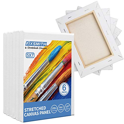 Image of FIXSMITH Stretched White Blank Canvas- 5x7 Inch,6 Pack,Primed,100% Cotton,5 /8 Inch Profile of Economy Value Pack for Acrylics,Oils & Other Painting Media.