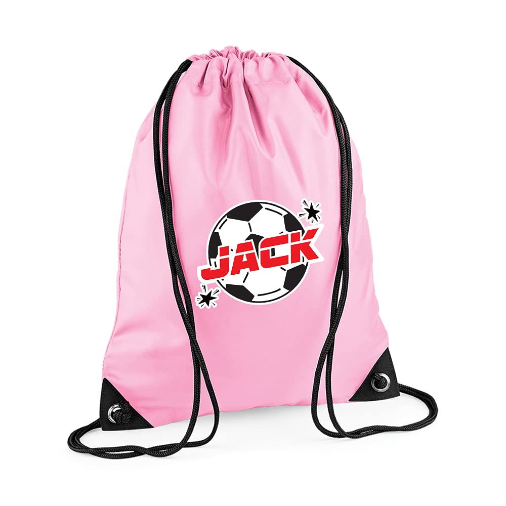 Personalised Back to School, Football/Soccer Ball Fan, Sports Player Kick Off Goal Score Gift for Boy Toddler Drawstring Bag, PE Gym Kit School, Swimming, PE Kids Sport Rucksack. (Classic Pink)