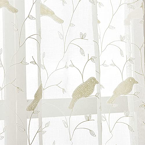 Alifish 1 Panel Birds And Trees Embroidered Ivory Sheer Curtains Linen Look Country Style Voile Yarn Gauze Drape Panels For Kids Room Living Room W39 X L63 Inch #TOP2