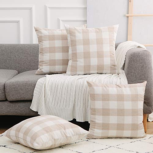 UPOPO 4 Pieces Decortive Throw Pillow Covers Buffalo Check Plaid Gingham Pillowcase Set Square Farmhouse Cotton Cushion Case for Sofa Bedroom Car Chair Bench Beige and White 16x16 inch