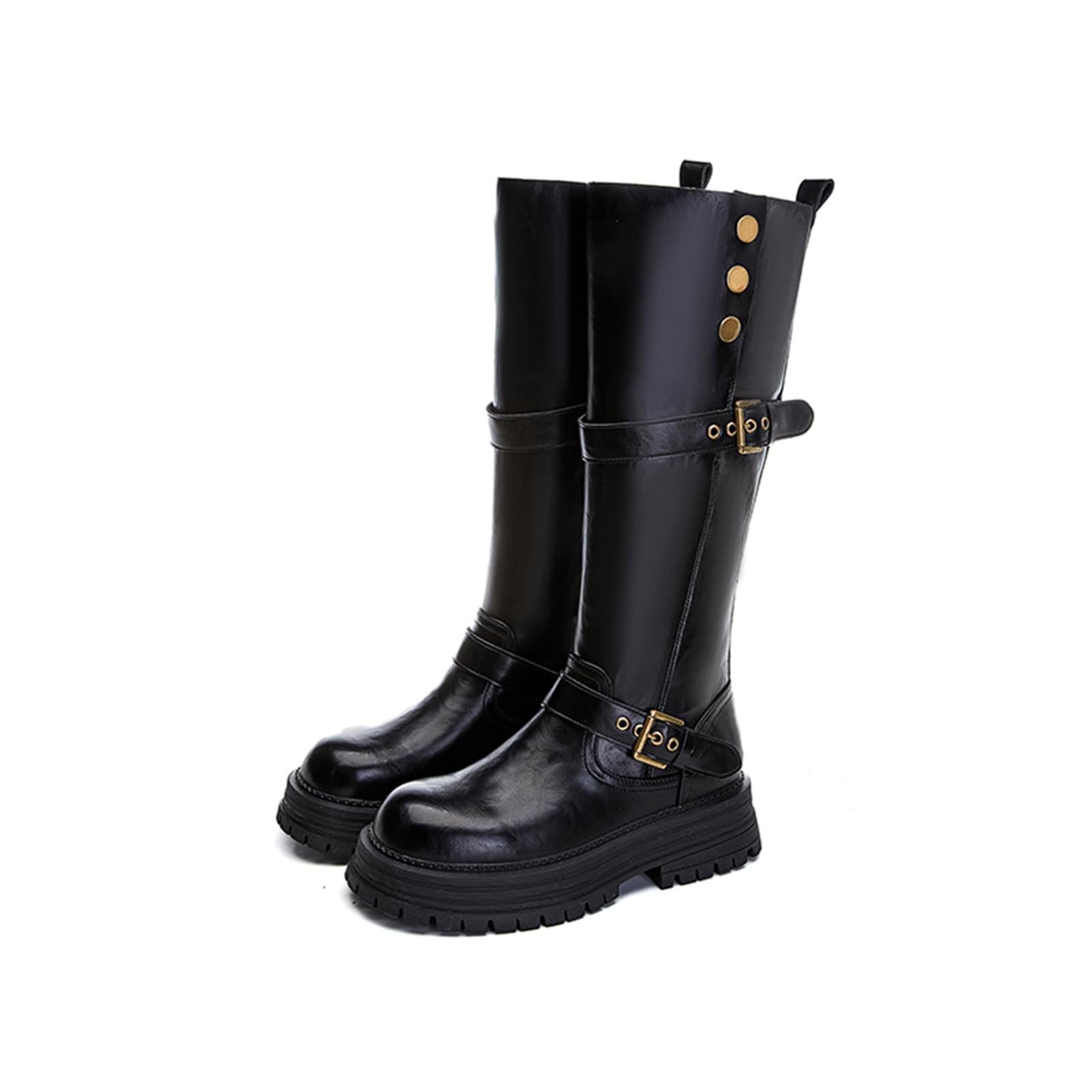 Womens Genuine Leather Riding Platform Thick Heel Knee-High Boots Fashionable Round Toe Belt Buckle Slim Combat Boots Suitable