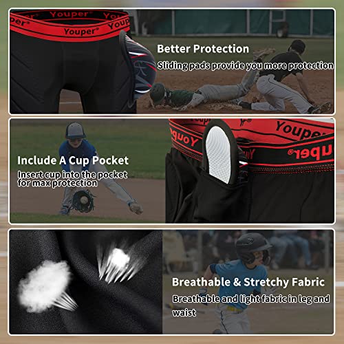 Youper Boys Youth Padded Sliding Shorts with Soft Protective Athletic Cup for Baseball, Football, Lacrosse3