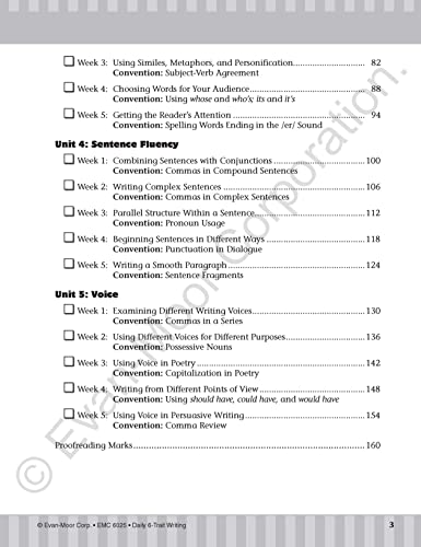 Evan-Moor Daily 6-Trait Writing, Grade 5 Homeschool and Classroom Resource Workbook, Reproducible Worksheets, Teaching Edition, Lesson Plans, Ideas, Organization, Word Choice, Sentence Fluency, Voice - Image 3