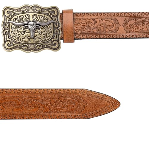 Utaly Western Cowboy Cowgirl Leather Belts - Women Men Turquoise Embossed Waist Belts With LongHorn Bull Buckles Fit 25-38”4