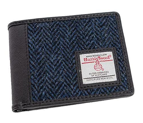 Real Harris Tweed Scotland Herringbone Tri-fold Wallet 2 Colour choices GIFT BOXED, Blue Herringbone4