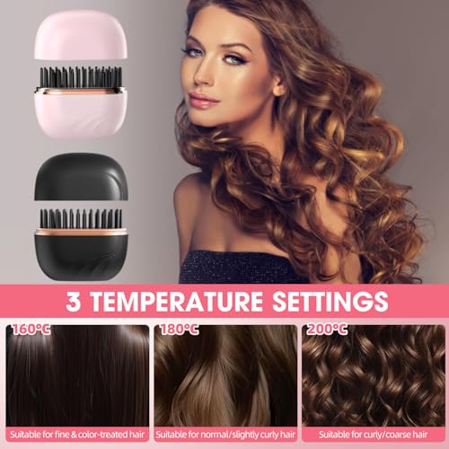 Image of Mini Straightener, 2-in-1 Cordless Hair Straightener Comb,Rechargeable Portable Hair Straightener Brush, 3-Speed Temperature Control, Anti-Scald Shell, Lightweight & Portable Travel (Black)