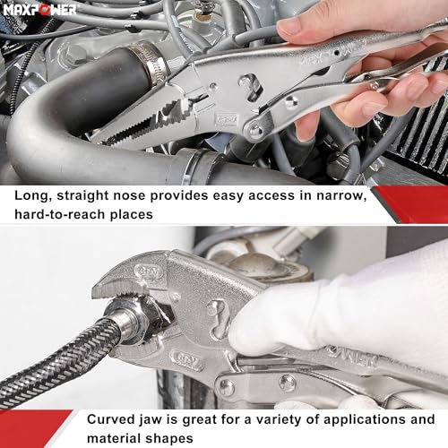 Image of MAXPOWER Locking Pliers Set, 9 inch Long Nose & 10 inch Curved Jaw Locking Pliers, Wide Opening Two-Position Opening Adjustment - 2 Pack