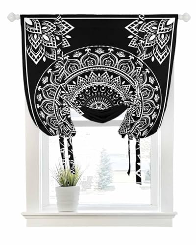 Tie Up Curtains for Windows Retro Bohemian Pattern Rod Pocket Tie-Up Window Shade Adjustable Balloon Curtain Valance Gray Monochrome Boho Art for Bedroom Kitchen Bathroom Blinds,34x45in