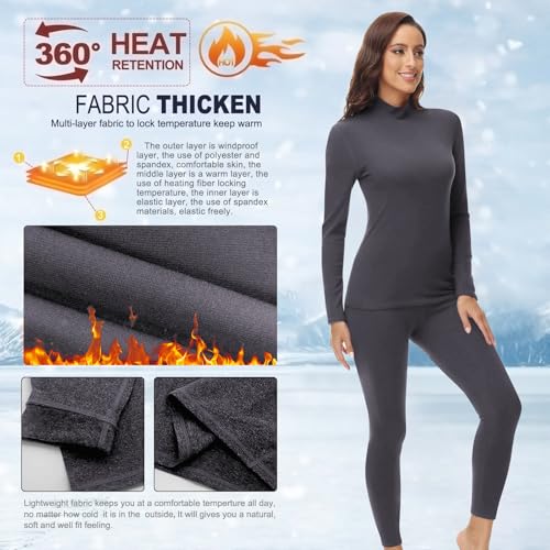 Image of Women's Mock Neck Thermal Underwear Winter Fleece Ultra-Soft Warm Base Layer Set
