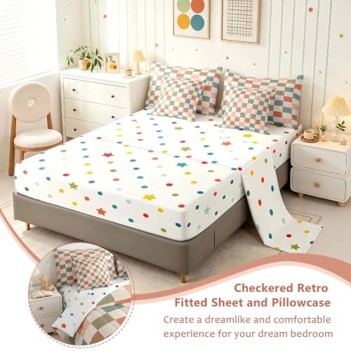 Image of Feelyou Multicolored Checkered Retro 7 Piece Bedding Set Kids Boys Geometric Vintage Comforter Set with Sheets King Size Ivory White Colorful Bed in a Bag Modern Simple Groovy Aesthetic Room Decor